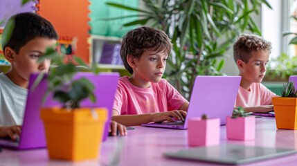 Poster - Diverse Middle School Boys Collaborate on Tech Project in Modern Classroom During Daytime, Showcasing Teamwork and Educational Innovation