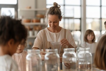 Poster - Enthusiastic Female Teacher Leading Hands-On Science Experiment with Engaged Students in Elementary School Classroom