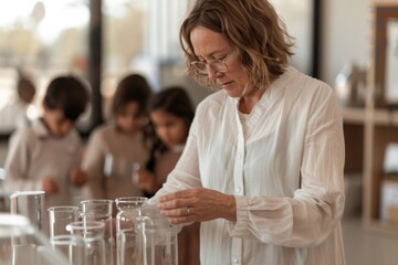 Poster - Enthusiastic Female Teacher Leading Hands-On Science Experiment in Elementary Classroom, Daytime, Interactive, Dynamic Learning Environment, Fair-Skinned, Medium Build
