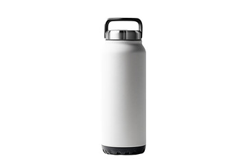 Minimalistic design of a white stainless steel water bottle with a black handle lid.