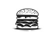 © Peeradontax - A minimalist black and white vector illustration of a classic hamburger with a sesame seed bun, lettuce, cheese, and multiple layers.