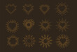 © Nastya - Set of geometric yellow sunburst. Sunbeams heart shape. Hearts shining with rays in form of lines, linear sunlight waves.