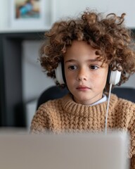 Aufkleber - Young Male High School Student Engaged in Online Learning, Using Laptop and Headphones During Daytime at Home, Studying with Digital Notes and Interactive Content, Reflecting Flexibility and Accessibi