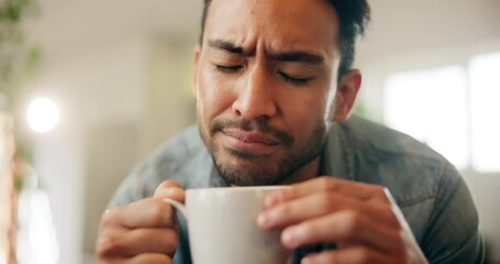 Poster - Man, drinking coffee and home with satisfied, happy and enjoy for breakfast, beverage or morning. Male person, kitchen and positive with mug, pride and comfort for weekend, relax and peace in house