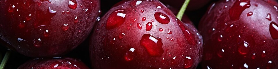 Cherry background. Ripe fresh rich cherries with tails and drops of water. Macro. Texture. Fruit