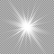 © Slava - White beautiful light explodes with a transparent explosion. Vector, bright illustration for perfect effect with sparkles. Bright Star. Transparent shine of the gloss gradient, bright flash.