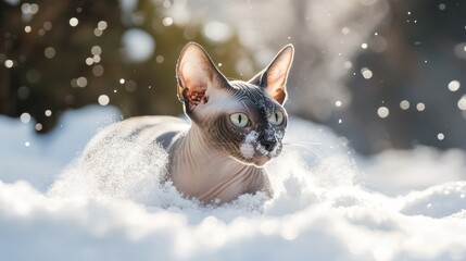 Wall Mural - A Sphynx cat playfully exploring snow, surrounded by sparkling snowflakes.