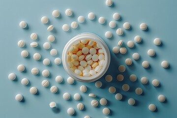 Wall Mural - A close-up of a bottle filled with white tablets surrounded by scattered pills on a light blue background