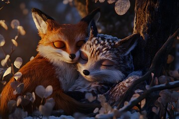 Poster - Two Adorable Foxes Cuddle in a Winter Wonderland