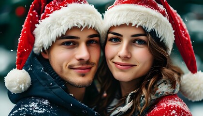 Wall Mural - Joyful young couple celebrating the holiday season in festive Christmas hats