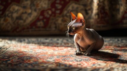 Wall Mural - A Sphynx cat sits on a patterned rug, illuminated by soft light.