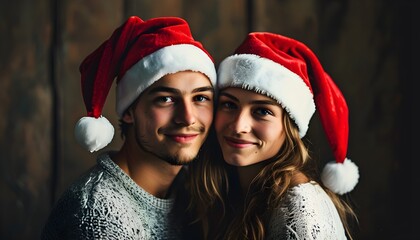 Wall Mural - Joyful young couple celebrating the holiday season in festive Christmas hats