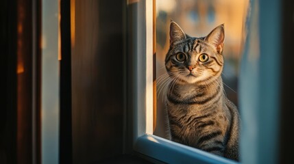 Sticker - A tabby cat gazes out of a sunlit window, creating a serene and contemplative atmosphere.