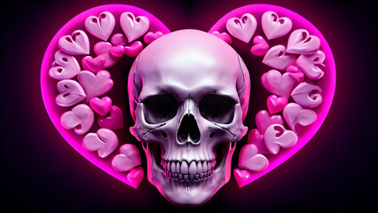 Fusion of Love and Death: A Glossy 3D Composition of Hearts and Skulls Blending Valentine's Day Affection with Día de Muertos Symbolism, Exploring the Duality of Life and Death