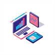 © Atullah - Isometric illustration of dual laptop with coding data analytics and AI symbol in a modern style,