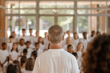 Poster - Caucasian Male Teacher Leading Diverse High School Students Group Discussion, Sunlit Classroom, Bright Day, Engaging Learning Environment