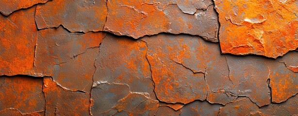 Textured slate stone wall with warm orange and gray tones, perfect for background or architectural design.