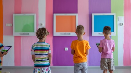 Aufkleber - Engaged Schoolchildren Using Tablets and Interactive Whiteboards in a Colorful Modern Classroom During Daytime Learning Session