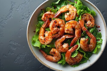 Wall Mural - Grilled shrimp served on a bed of fresh lettuce with herbs and spices, ideal for a healthy summer meal