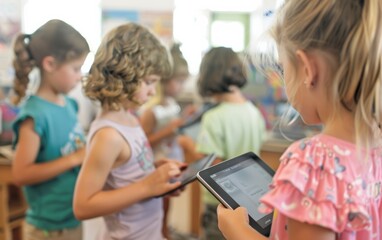 Poster - Elementary Students Engaged in a Group Project with Tablets in a Bright Classroom, Guided by Teacher in Dynamic Educational Technology Setting