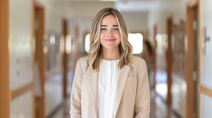 Confident Female Teacher in Professional Attire Walking Through School Hallway During Daytime