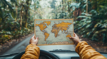 A person is holding a map of the world in their hand while driving a car