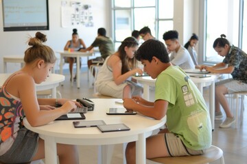 Poster - Diverse Group of Tech-Savvy Students Engaging in E-Learning Session in Modern Classroom Using Tablets and Interactive Screens, Daytime
