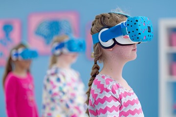 Poster - Diverse Young Students Using VR Headsets in Classroom Guided by Teacher, Exploring Historical Sites or Anatomy, Modern Interactive Learning Environment, Daytime