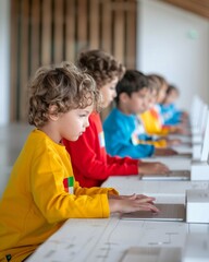 Poster - Young Diverse Group of Elementary Students Learning Technology with Female Teacher in Modern Classroom