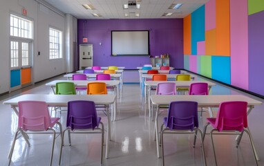 Poster - Multicultural Students Collaborating in Bright, Modern Classroom with Interactive Digital Tools - Midday, Lively Mood, Colorful Setting