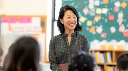 Poster - Engaged Asian Female Teacher Leading Elementary Classroom Group Activity in Vibrant, Sunlit Room