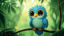Cute Little Bluebird Sitting On Branch Cartoon Illustration For Childrens Book Adorable Bluebird Character Perched On Tree Branch Playful Bird Nature Scene Colorful Illustration