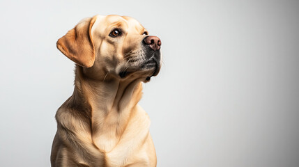 Canvas Print - Close-up side profile of a Labrador Retriever against a plain, neutral background, showcasing the dog's attentive expression, detailed fur texture, and expressive eyes.