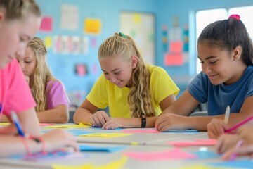 Poster - Caucasian and Hispanic high school students setting learning objectives in a bright, collaborative classroom with dedicated teacher guiding them during the day
