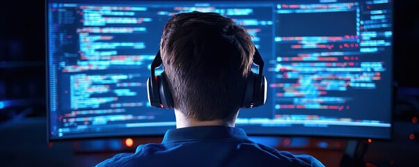 Back view of a programmer working on a computer.