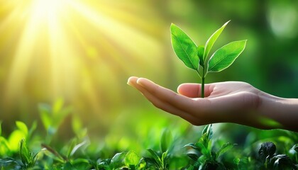 A hand gently cradles a small green plant against a backdrop of sun-drenched foliage.