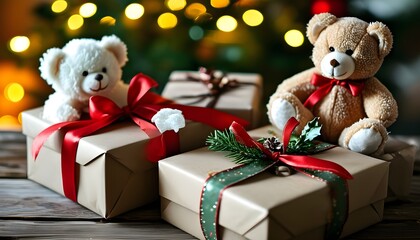 Wall Mural - Festive gifts wrapped in colorful ribbons alongside a cute teddy bear for a joyful Christmas and New Year celebration