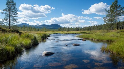 A tranquil river flows through lush green grasslands under a bright blue sky with fluffy clouds in a serene natural landscape.