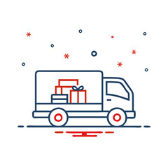 Red and blue icon of a delivery truck with Christmas packages