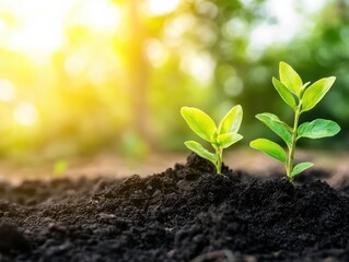 Two green seedlings sprout from rich soil, bathed in warm sunlight. The scene symbolizes growth, hope, and new beginnings.