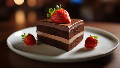 Slice of chocolate vanilla cake topped with strawberries on a white plate