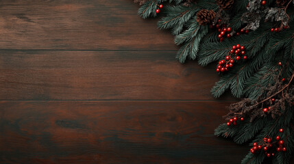 Wall Mural - Festive Christmas background with fir branches, pine cones, red berries, and dried leaves arranged on a dark wooden surface, creating a holiday-themed decoration.