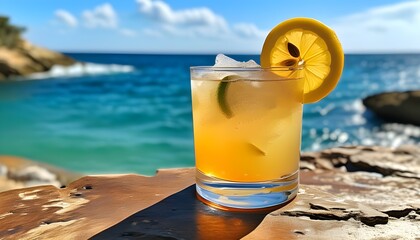 Wall Mural - Refreshing lemonade in a glass overlooking the sea on a sunny day