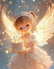 Cute little angel with wings holding a birthday cake, anime style, with pastel colors and soft light  in digital spray painting style