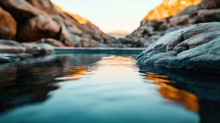 Canvas Print - Serene close-up view of a calm water surface with large rocks in the foreground and blurred rocky background, reflecting the warm orange hues of sunset light.