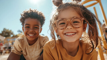 Two children are smiling and wearing glasses