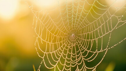 Wall Mural - Close-up of a dew-covered spider web glistening in the early morning light, with a misty forest background