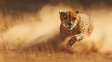 Wall Mural - close-up of a cheetah running at full speed across the african savanna, with dust kicking up behind 