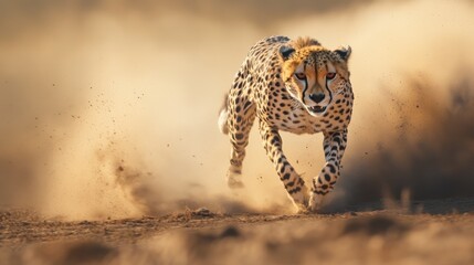 Wall Mural - close-up of a cheetah running at full speed across the african savanna, with dust kicking up behind 