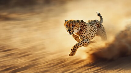Wall Mural - close-up of a cheetah running at full speed across the african savanna, with dust kicking up behind 